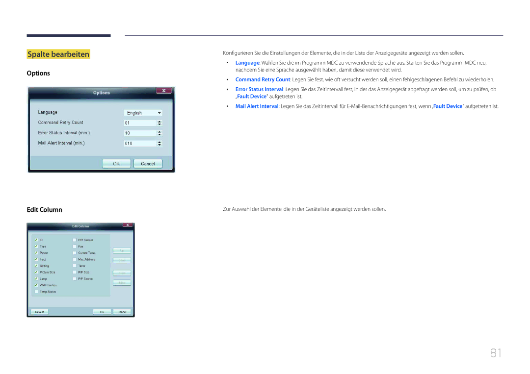 Samsung LH55MDCPLGC/EN, LH40MDCPLGC/EN, LH32MDCPLGC/EN, LH46MDCPLGC/EN manual Spalte bearbeiten, Options Edit Column 