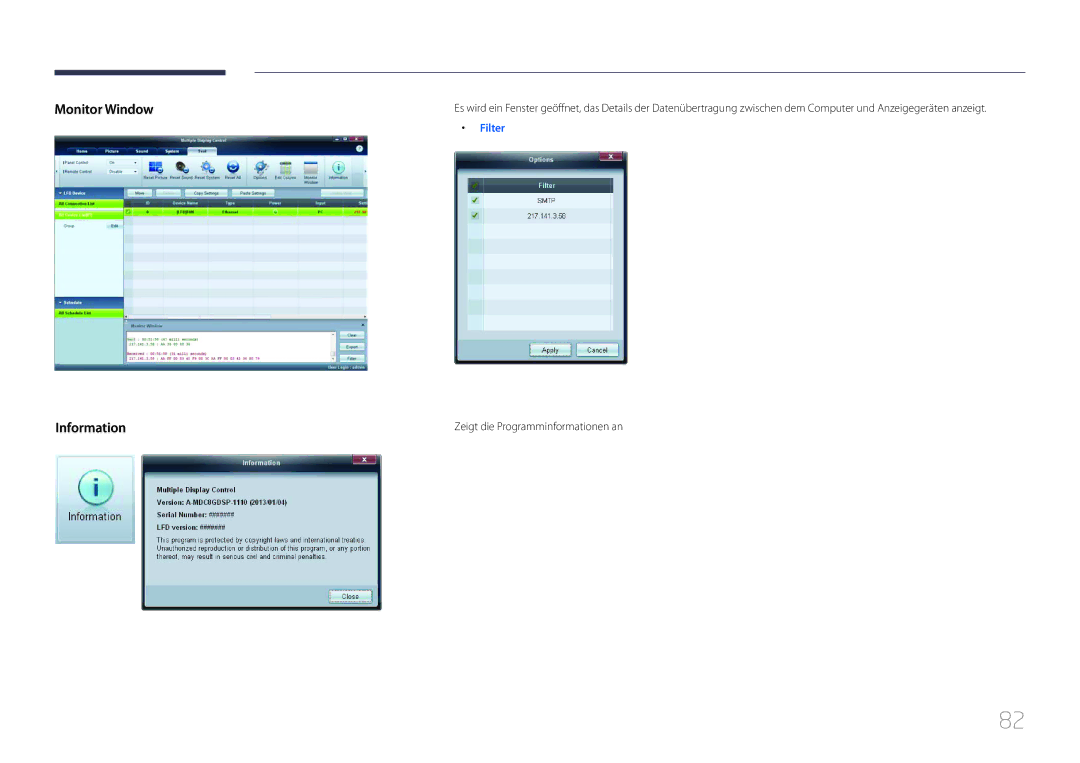 Samsung LH32MDCPLGC/EN, LH40MDCPLGC/EN, LH55MDCPLGC/EN manual Monitor Window Information, Zeigt die Programminformationen an 