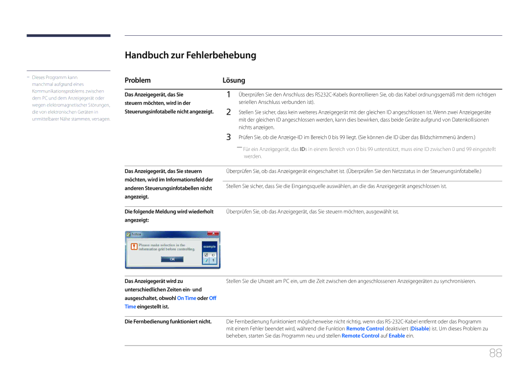 Samsung LH40MDCPLGC/EN, LH55MDCPLGC/EN, LH32MDCPLGC/EN, LH46MDCPLGC/EN manual Handbuch zur Fehlerbehebung, Problem Lösung 