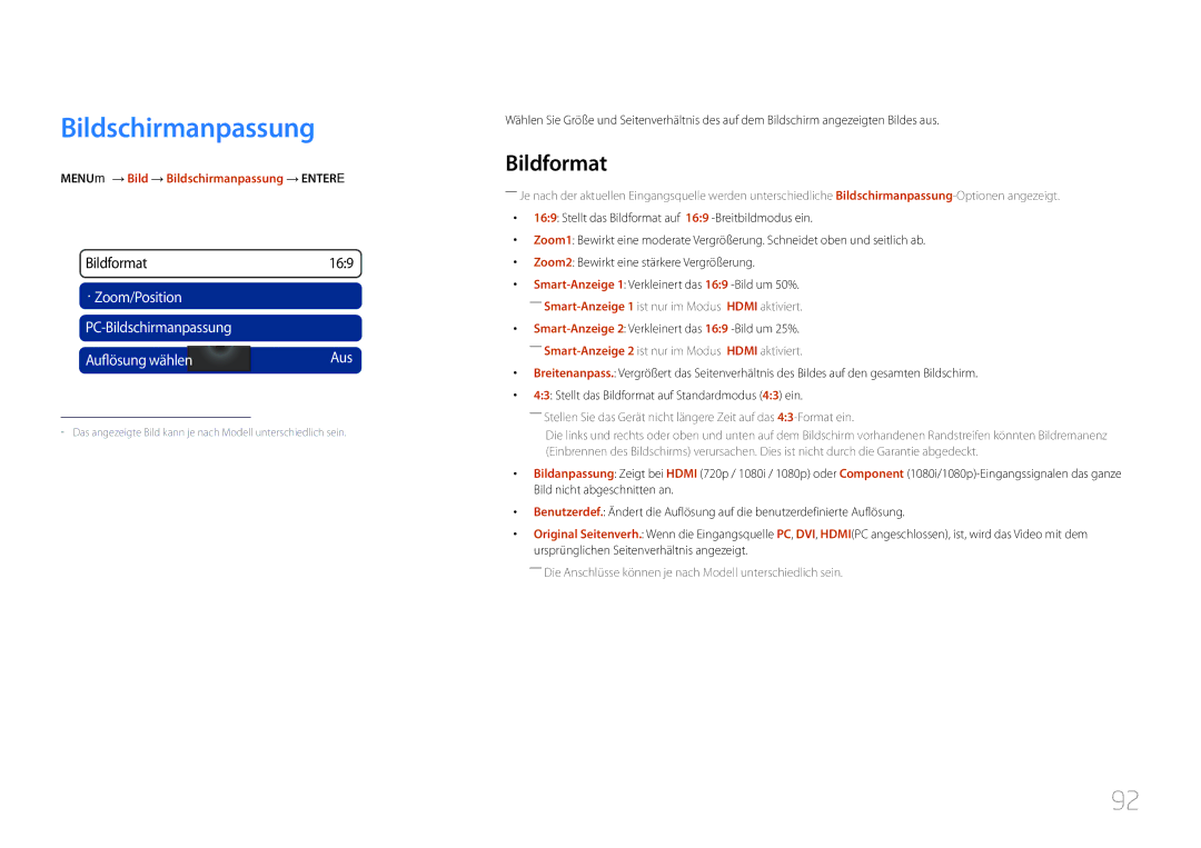 Samsung LH40MDCPLGC/EN, LH55MDCPLGC/EN, LH32MDCPLGC/EN manual Bildformat, MENUm → Bild → Bildschirmanpassung → Entere 