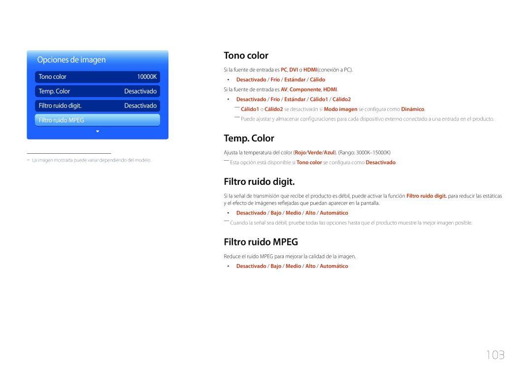 Samsung LH46MDCPLGC/EN, LH40MDCPLGC/EN, LH55MDCPLGC/EN 103, Tono color, Temp. Color, Filtro ruido digit, Filtro ruido Mpeg 