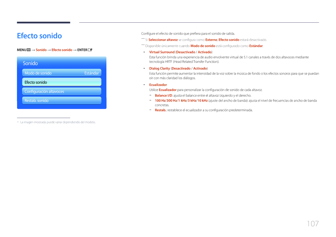 Samsung LH46MDCPLGC/EN, LH40MDCPLGC/EN, LH55MDCPLGC/EN, LH32MDCPLGC/EN manual Efecto sonido, 107 