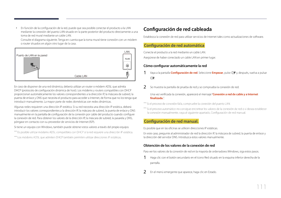 Samsung LH46MDCPLGC/EN 111, Configuración de red cableada, Configuración de red automática, Configuración de red manual 
