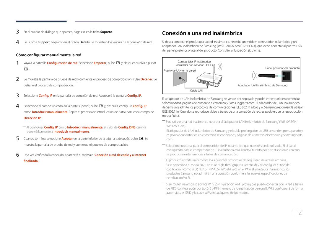 Samsung LH40MDCPLGC/EN 112, Conexión a una red inalámbrica, Dirección IP, Automáticamente a Introducir manualmente 