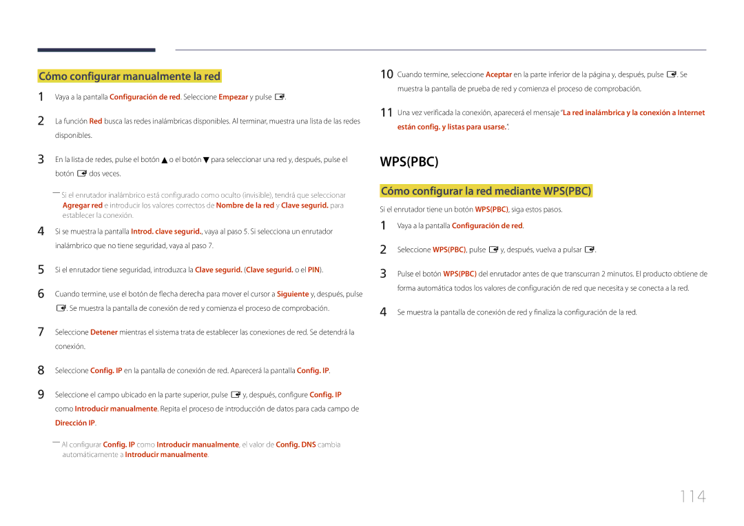 Samsung LH32MDCPLGC/EN, LH40MDCPLGC/EN 114, Cómo configurar manualmente la red, Cómo configurar la red mediante Wpspbc 