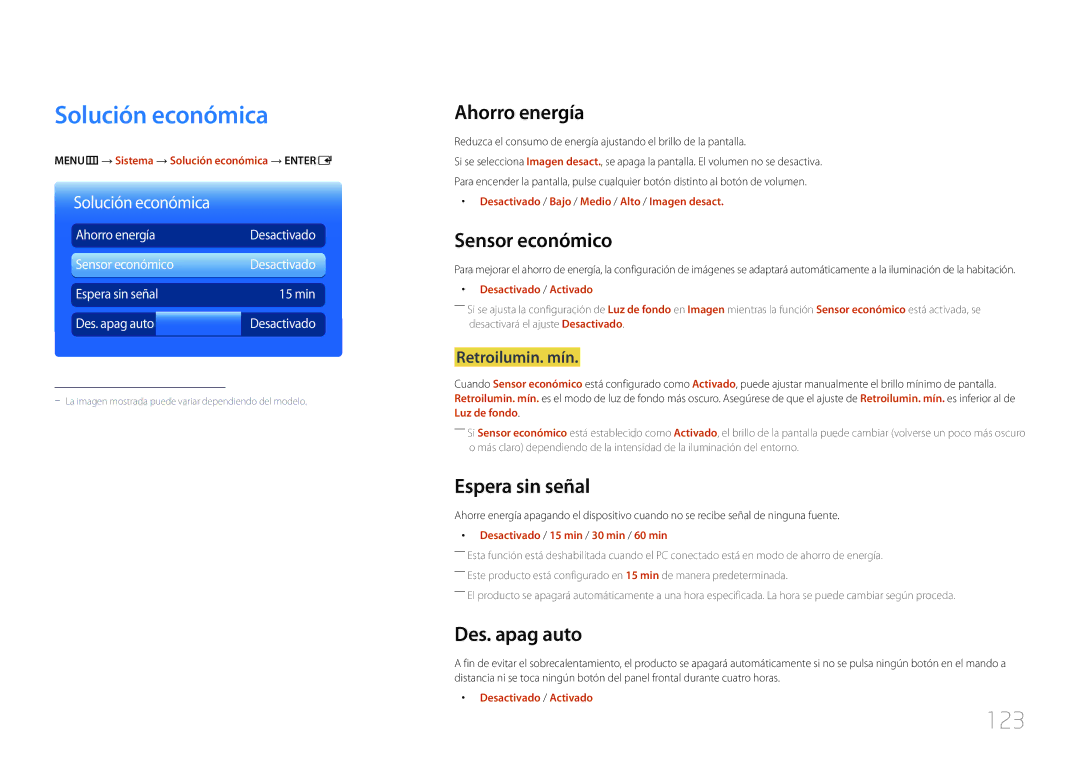 Samsung LH46MDCPLGC/EN, LH40MDCPLGC/EN, LH55MDCPLGC/EN, LH32MDCPLGC/EN manual Solución económica, 123 