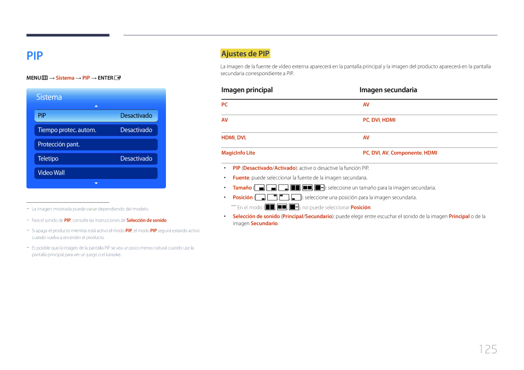 Samsung LH55MDCPLGC/EN, LH40MDCPLGC/EN, LH32MDCPLGC/EN manual 125, Ajustes de PIP, Imagen principal Imagen secundaria, Tamaño 