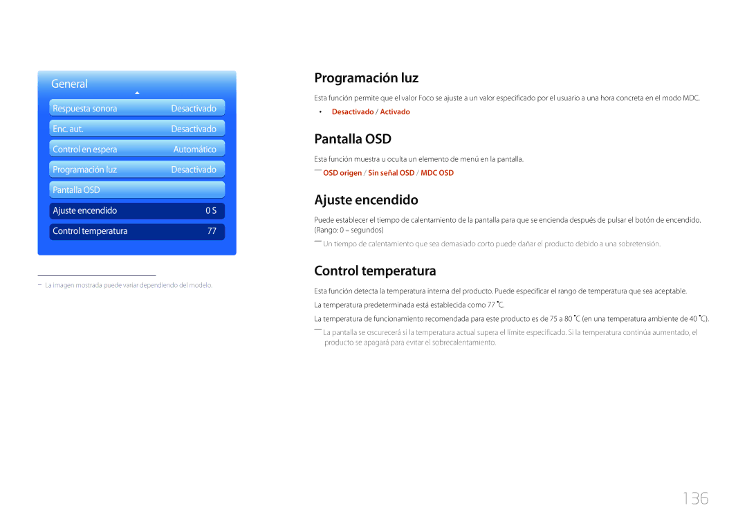 Samsung LH40MDCPLGC/EN, LH55MDCPLGC/EN manual 136, Programación luz, Pantalla OSD, Ajuste encendido, Control temperatura 