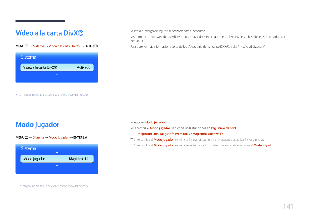 Samsung LH55MDCPLGC/EN, LH40MDCPLGC/EN manual Modo jugador, 141, MENUm → Sistema → Vídeo a la carta DivX → Entere 