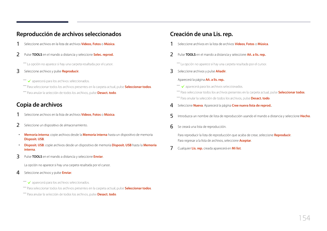 Samsung LH32MDCPLGC/EN manual 154, Reproducción de archivos seleccionados, Copia de archivos, Creación de una Lis. rep 