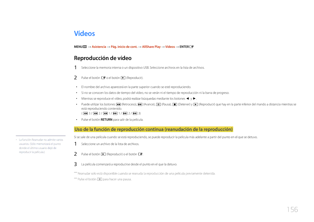 Samsung LH40MDCPLGC/EN, LH55MDCPLGC/EN manual Vídeos, 156, Reproducción de vídeo, Pulse el botón E o el botón ∂Reproducir 