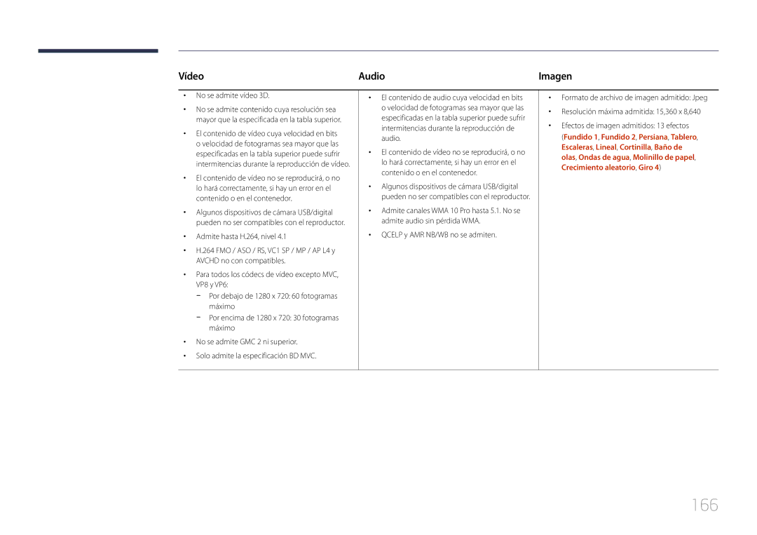 Samsung LH32MDCPLGC/EN, LH40MDCPLGC/EN, LH55MDCPLGC/EN, LH46MDCPLGC/EN manual 166, Vídeo Audio, No se admite vídeo 3D 