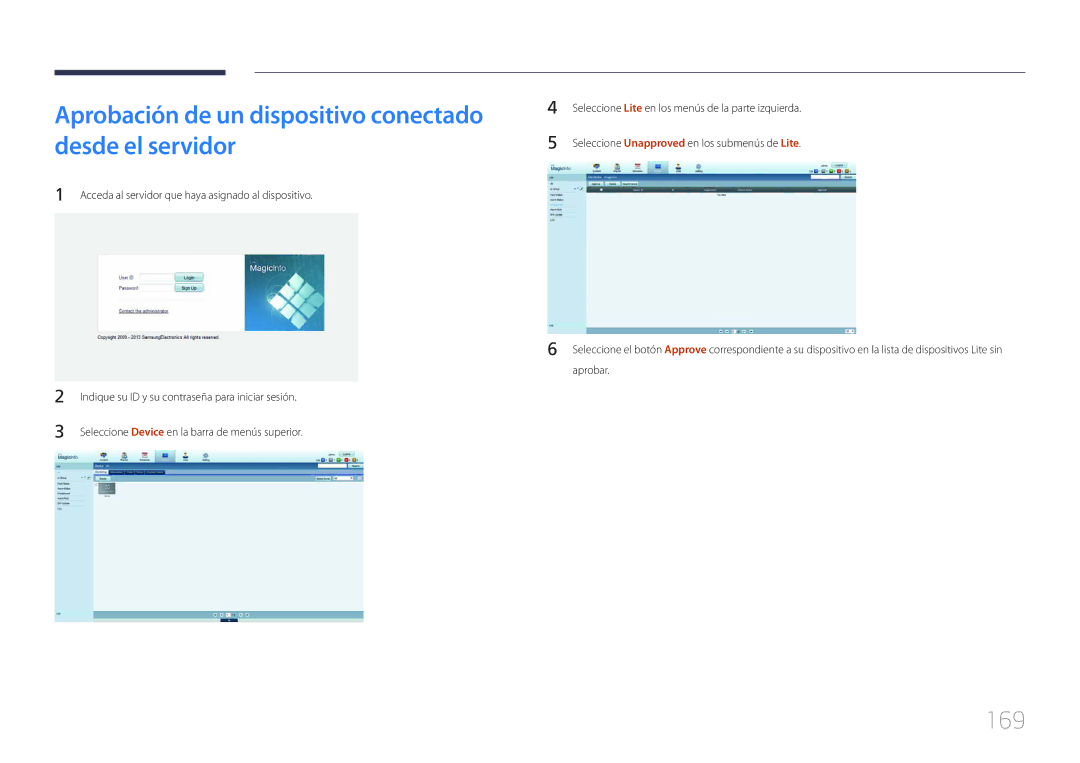 Samsung LH55MDCPLGC/EN, LH40MDCPLGC/EN, LH32MDCPLGC/EN manual Aprobación de un dispositivo conectado desde el servidor, 169 