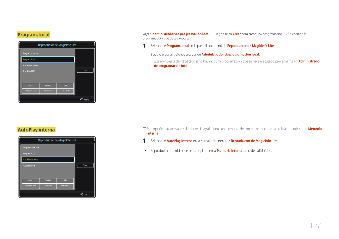 Samsung LH40MDCPLGC/EN, LH55MDCPLGC/EN, LH32MDCPLGC/EN, LH46MDCPLGC/EN manual 172, Program. local, AutoPlay interna 