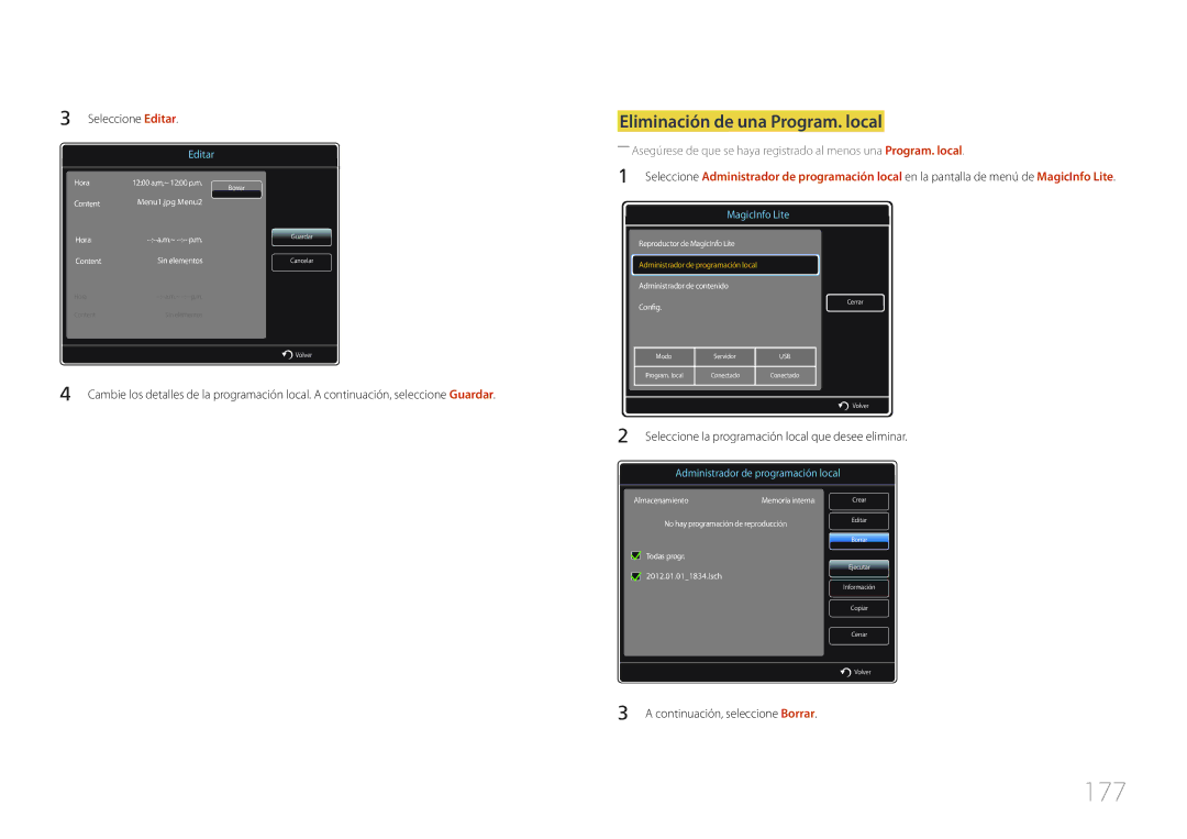 Samsung LH55MDCPLGC/EN, LH40MDCPLGC/EN, LH32MDCPLGC/EN manual 177, Eliminación de una Program. local, Seleccione Editar 