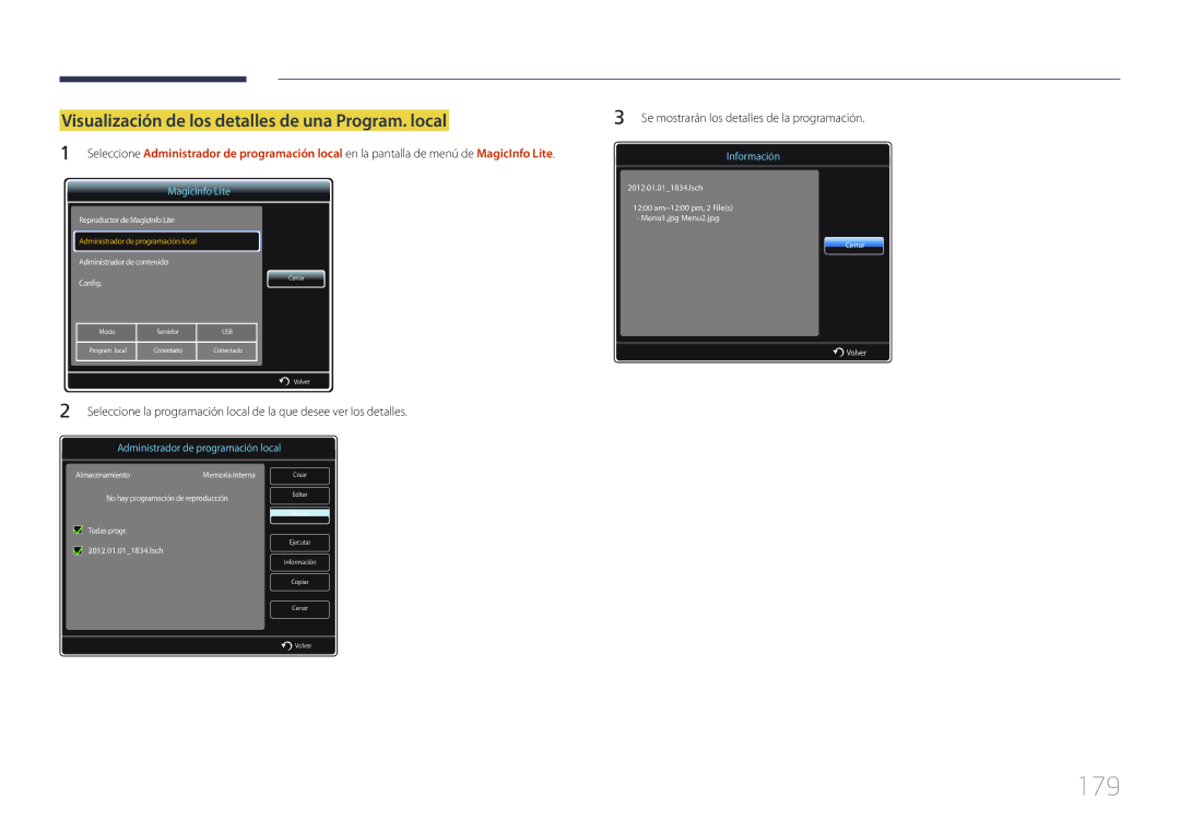 Samsung LH46MDCPLGC/EN, LH40MDCPLGC/EN, LH55MDCPLGC/EN manual 179, Visualización de los detalles de una Program. local 