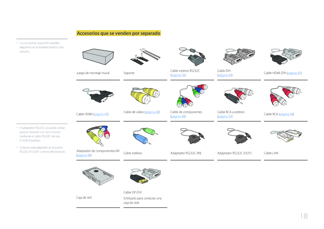 Samsung LH32MDCPLGC/EN, LH40MDCPLGC/EN Accesorios que se venden por separado, Juego de montaje mural Cable Hdmi página 