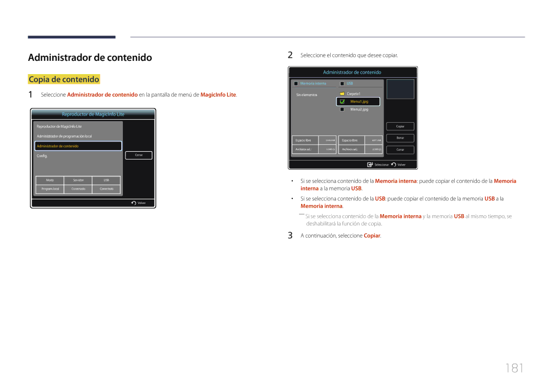 Samsung LH55MDCPLGC/EN manual 181, Administrador de contenido, Copia de contenido, Continuación, seleccione Copiar 