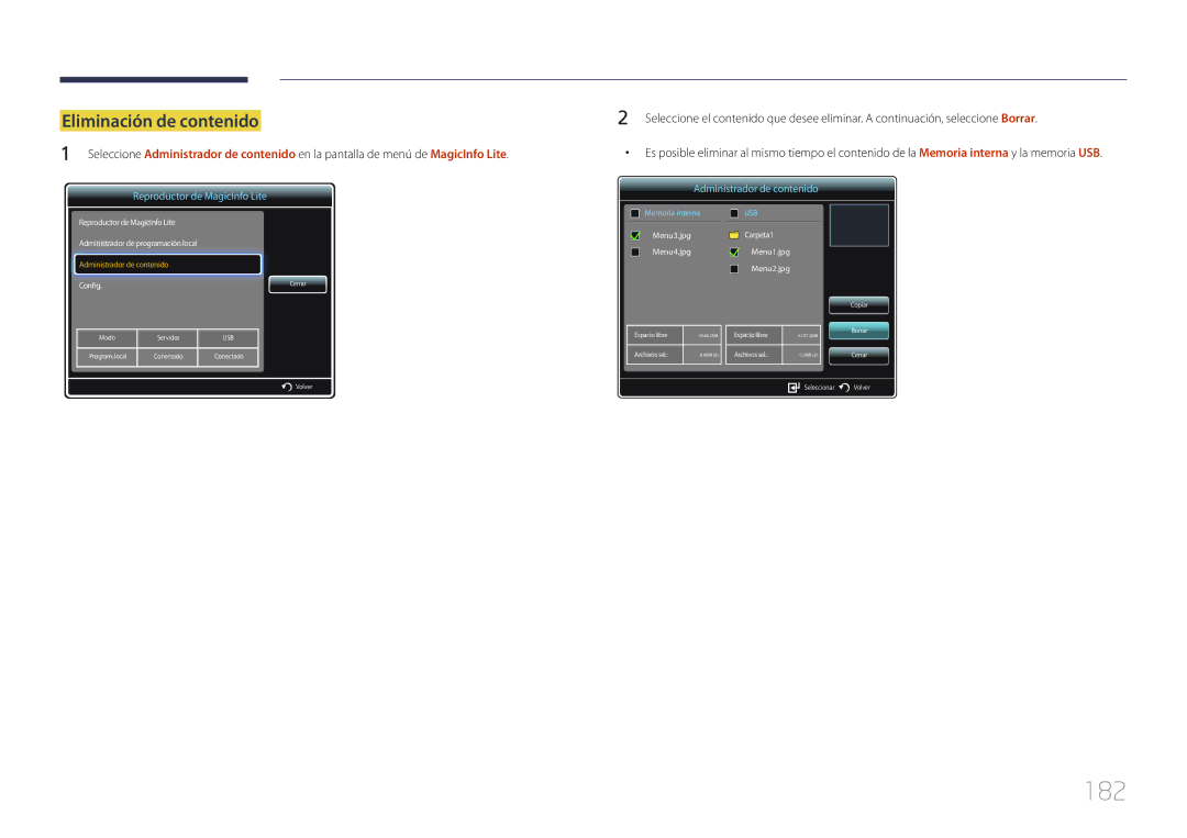 Samsung LH32MDCPLGC/EN, LH40MDCPLGC/EN, LH55MDCPLGC/EN, LH46MDCPLGC/EN manual 182, Eliminación de contenido 