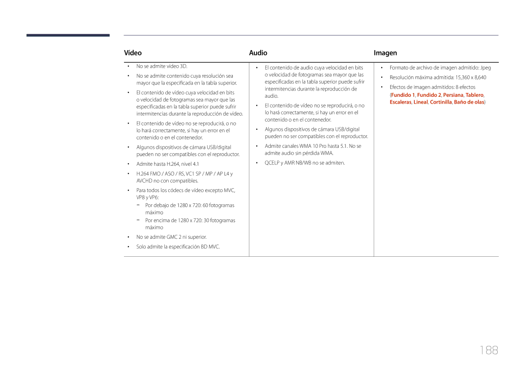 Samsung LH40MDCPLGC/EN, LH55MDCPLGC/EN, LH32MDCPLGC/EN, LH46MDCPLGC/EN manual 188, Vídeo Audio 