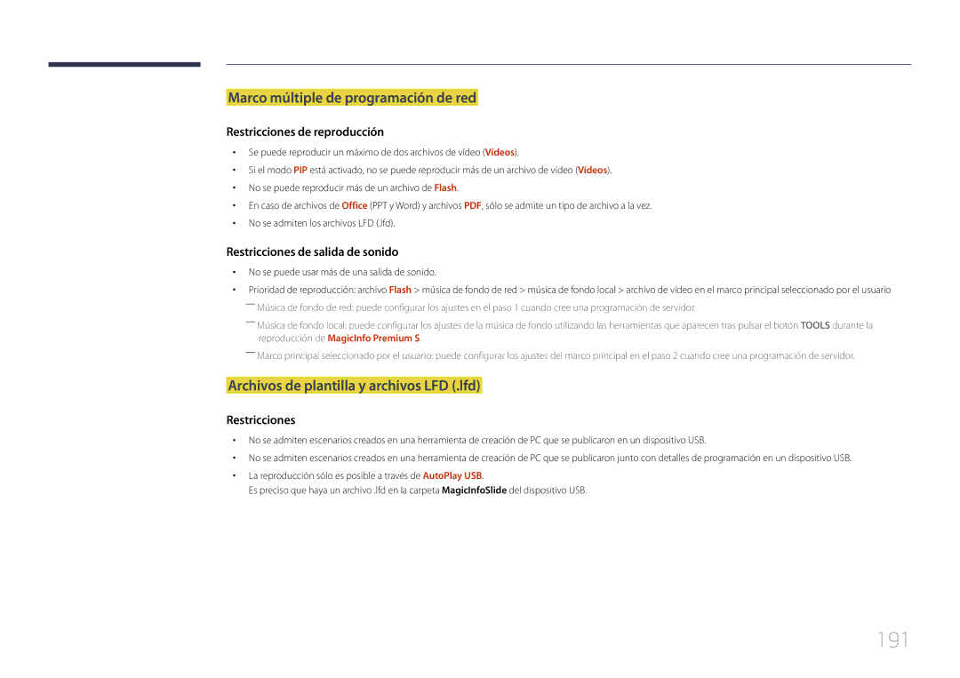 Samsung LH46MDCPLGC/EN manual 191, Marco múltiple de programación de red, Archivos de plantilla y archivos LFD .lfd 