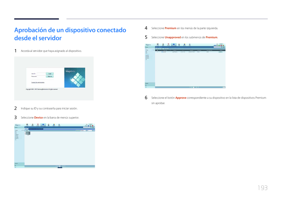 Samsung LH55MDCPLGC/EN, LH40MDCPLGC/EN, LH32MDCPLGC/EN manual Aprobación de un dispositivo conectado desde el servidor, 193 