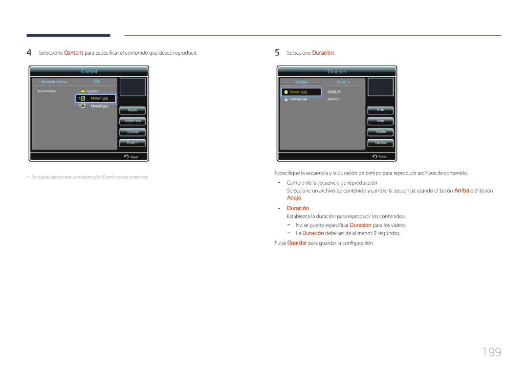 Samsung LH46MDCPLGC/EN, LH40MDCPLGC/EN, LH55MDCPLGC/EN, LH32MDCPLGC/EN manual 199, Seleccione Duración 