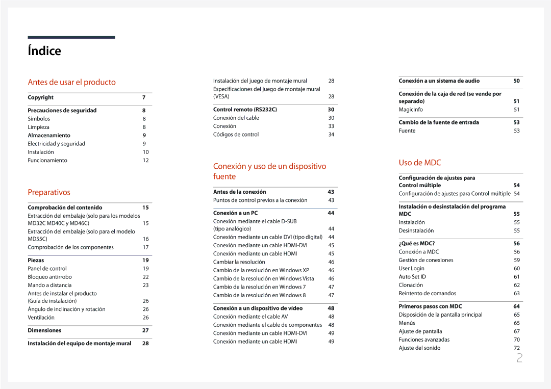 Samsung LH32MDCPLGC/EN, LH40MDCPLGC/EN, LH55MDCPLGC/EN, LH46MDCPLGC/EN manual Índice 