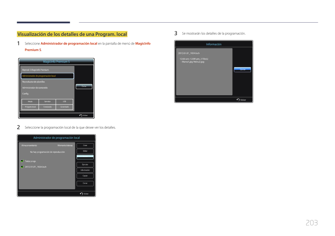 Samsung LH46MDCPLGC/EN, LH40MDCPLGC/EN, LH55MDCPLGC/EN manual 203, Visualización de los detalles de una Program. local 