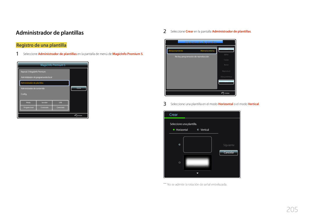 Samsung LH55MDCPLGC/EN, LH40MDCPLGC/EN, LH32MDCPLGC/EN manual 205, Administrador de plantillas, Registro de una plantilla 