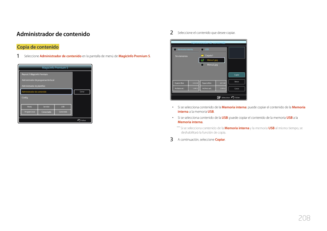 Samsung LH40MDCPLGC/EN, LH55MDCPLGC/EN, LH32MDCPLGC/EN, LH46MDCPLGC/EN manual 208, Administrador de contenido 