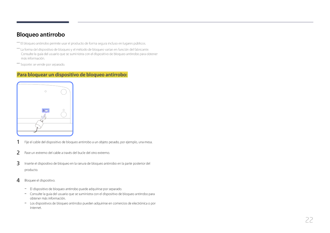 Samsung LH32MDCPLGC/EN, LH40MDCPLGC/EN, LH55MDCPLGC/EN Bloqueo antirrobo, Para bloquear un dispositivo de bloqueo antirrobo 