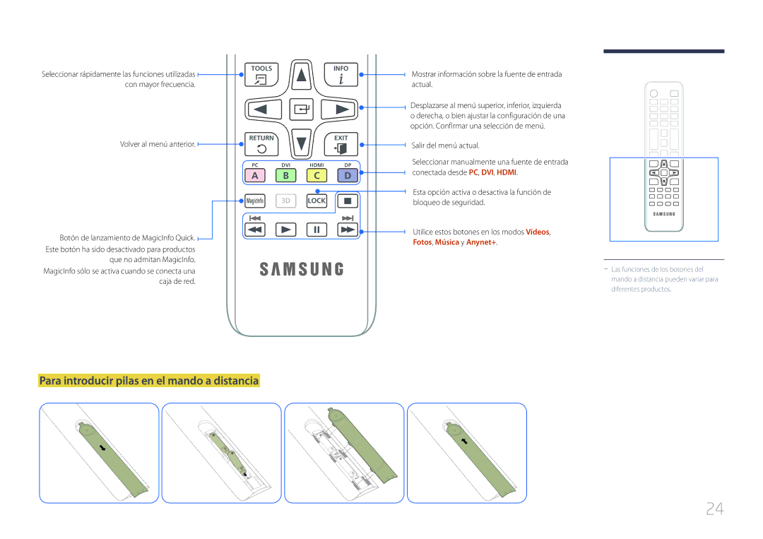 Samsung LH40MDCPLGC/EN manual Para introducir pilas en el mando a distancia, Con mayor frecuencia Volver al menú anterior 