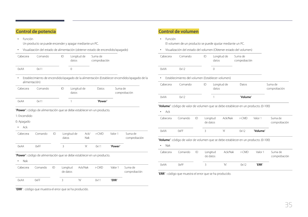 Samsung LH46MDCPLGC/EN manual Control de potencia, Control de volumen, ERR código que muestra el error que se ha producido 