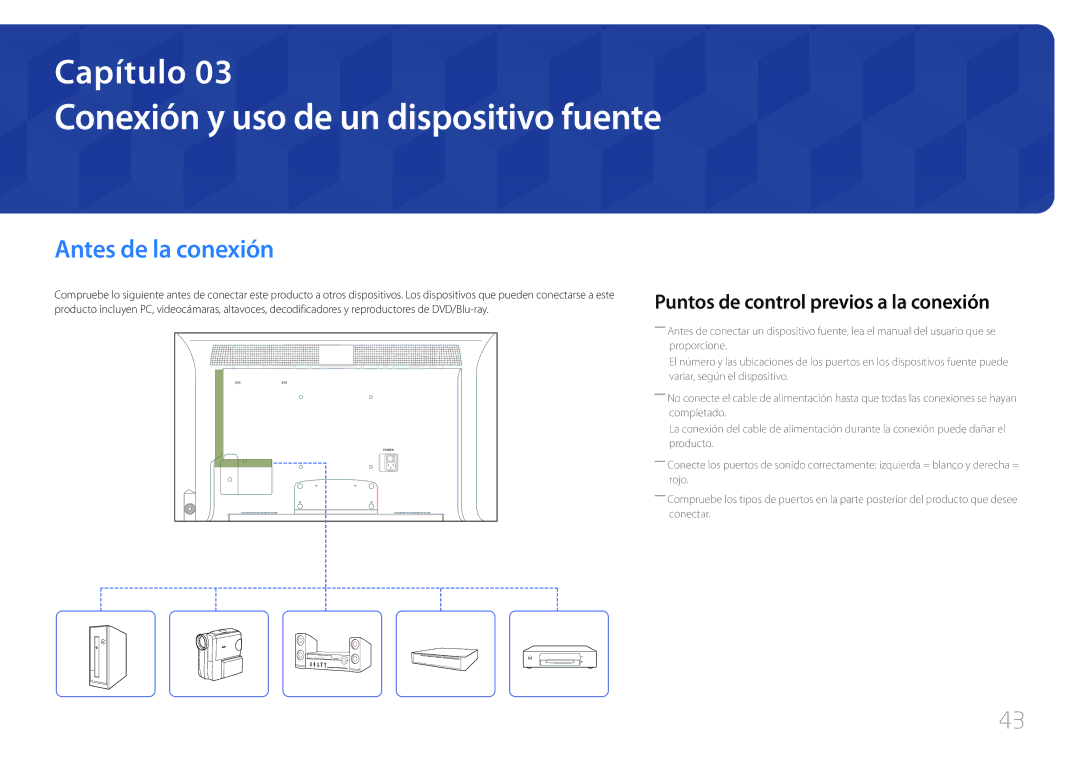 Samsung LH46MDCPLGC/EN, LH40MDCPLGC/EN, LH55MDCPLGC/EN manual Conexión y uso de un dispositivo fuente, Antes de la conexión 