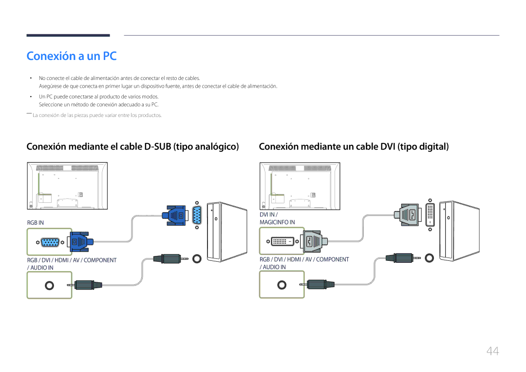 Samsung LH40MDCPLGC/EN, LH55MDCPLGC/EN, LH32MDCPLGC/EN Conexión a un PC, Conexión mediante el cable D-SUB tipo analógico 