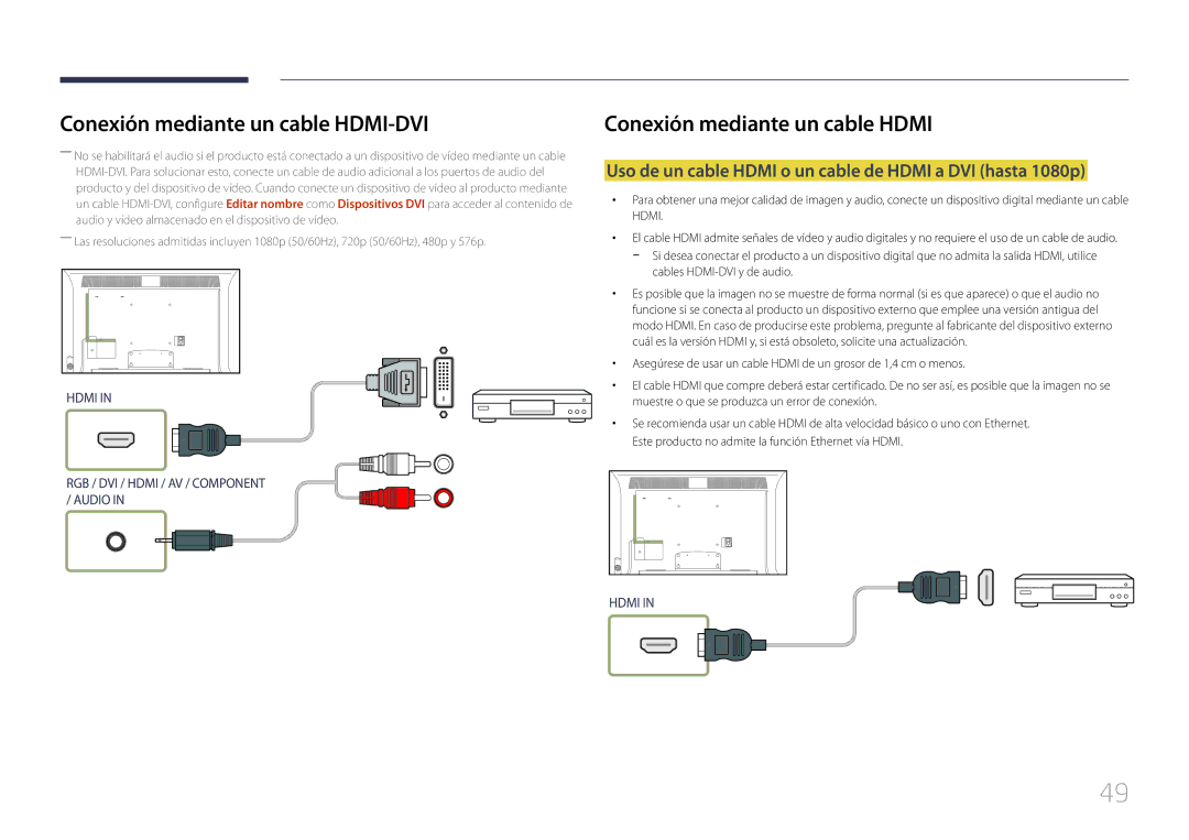 Samsung LH55MDCPLGC/EN manual Conexión mediante un cable Hdmi, Uso de un cable Hdmi o un cable de Hdmi a DVI hasta 1080p 