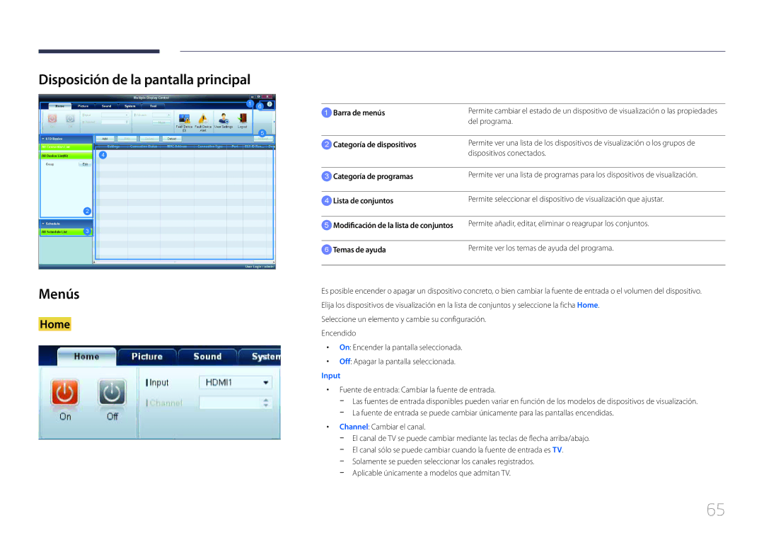 Samsung LH55MDCPLGC/EN, LH40MDCPLGC/EN, LH32MDCPLGC/EN, LH46MDCPLGC/EN manual Disposición de la pantalla principal Menús 