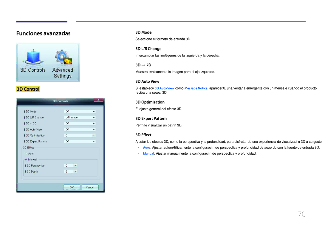 Samsung LH32MDCPLGC/EN, LH40MDCPLGC/EN, LH55MDCPLGC/EN, LH46MDCPLGC/EN manual Funciones avanzadas, 3D Control 