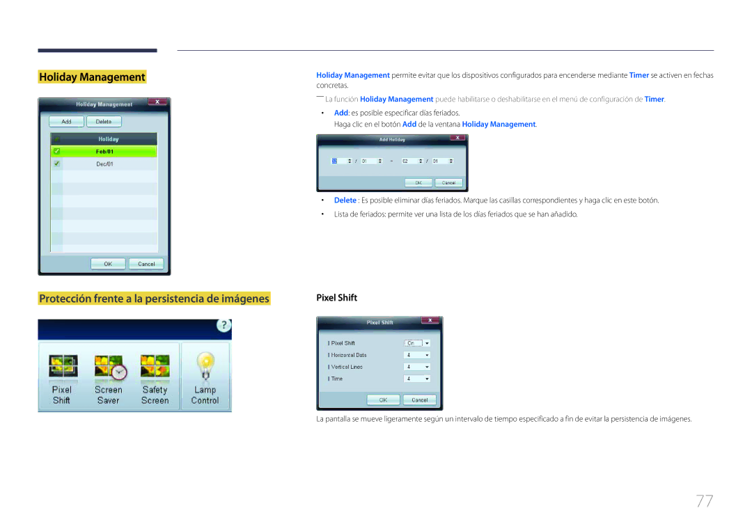 Samsung LH55MDCPLGC/EN, LH40MDCPLGC/EN, LH32MDCPLGC/EN, LH46MDCPLGC/EN manual Holiday Management 