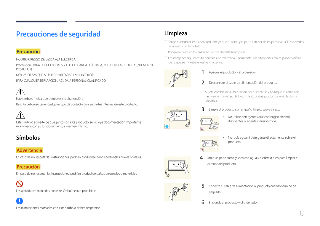 Samsung LH40MDCPLGC/EN manual Precauciones de seguridad, Limpieza, Símbolos, Precaución, Apague el producto y el ordenador 