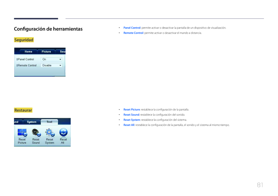 Samsung LH55MDCPLGC/EN, LH40MDCPLGC/EN, LH32MDCPLGC/EN, LH46MDCPLGC/EN Configuración de herramientas, Seguridad Restaurar 