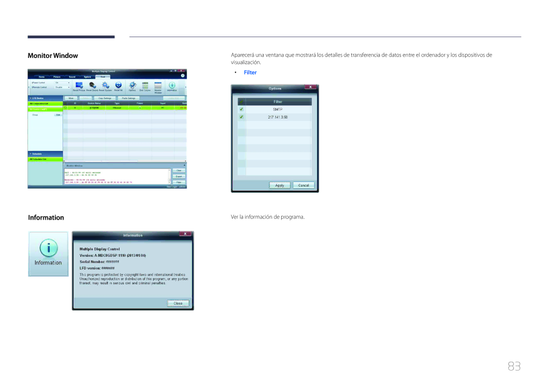 Samsung LH46MDCPLGC/EN, LH40MDCPLGC/EN, LH55MDCPLGC/EN manual Monitor Window Information, Ver la información de programa 