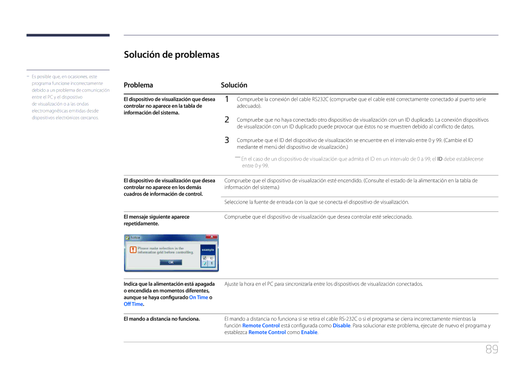 Samsung LH55MDCPLGC/EN, LH40MDCPLGC/EN, LH32MDCPLGC/EN, LH46MDCPLGC/EN manual Solución de problemas, ProblemaSolución 