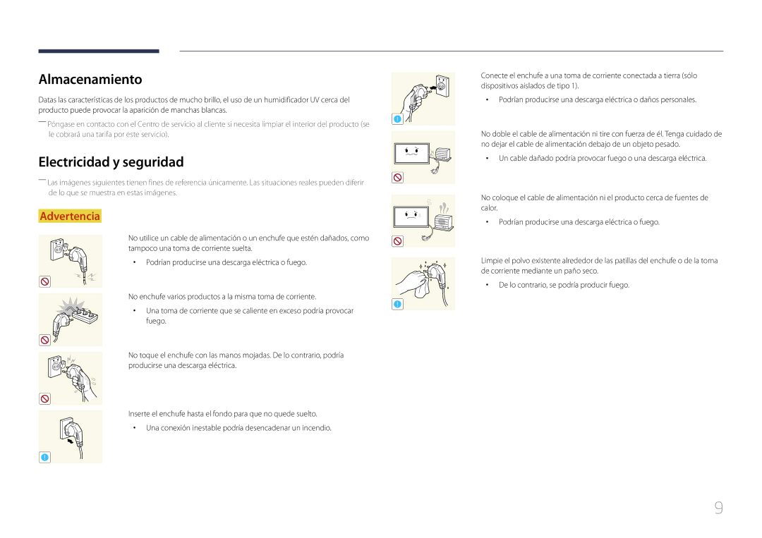 Samsung LH55MDCPLGC/EN, LH40MDCPLGC/EN, LH32MDCPLGC/EN, LH46MDCPLGC/EN manual Almacenamiento, Electricidad y seguridad 