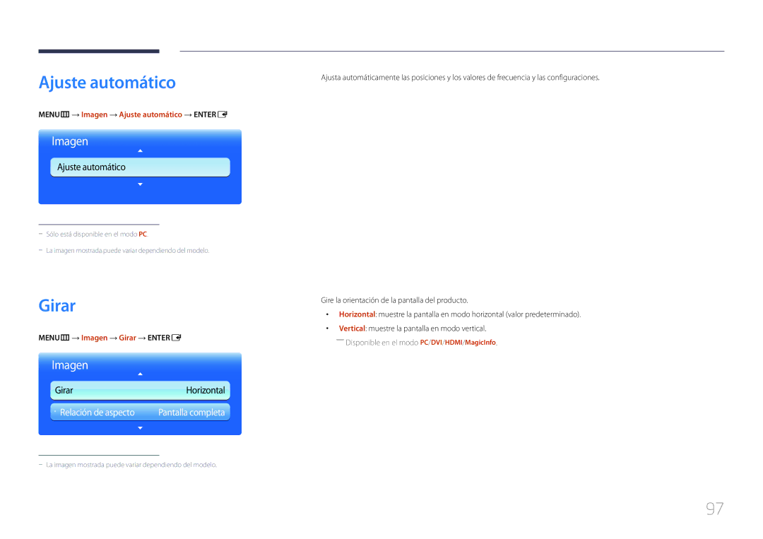 Samsung LH55MDCPLGC/EN manual MENUm → Imagen → Ajuste automático → Entere, MENUm → Imagen → Girar → Entere 