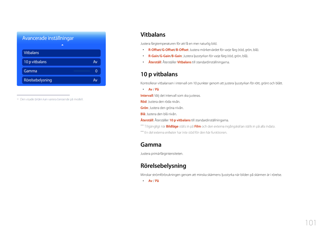 Samsung LH55MDCPLGC/EN, LH40MDCPLGC/EN, LH32MDCPLGC/EN, LH46MDCPLGC/EN 101, Vitbalans Gamma RörelsebelysningAv 