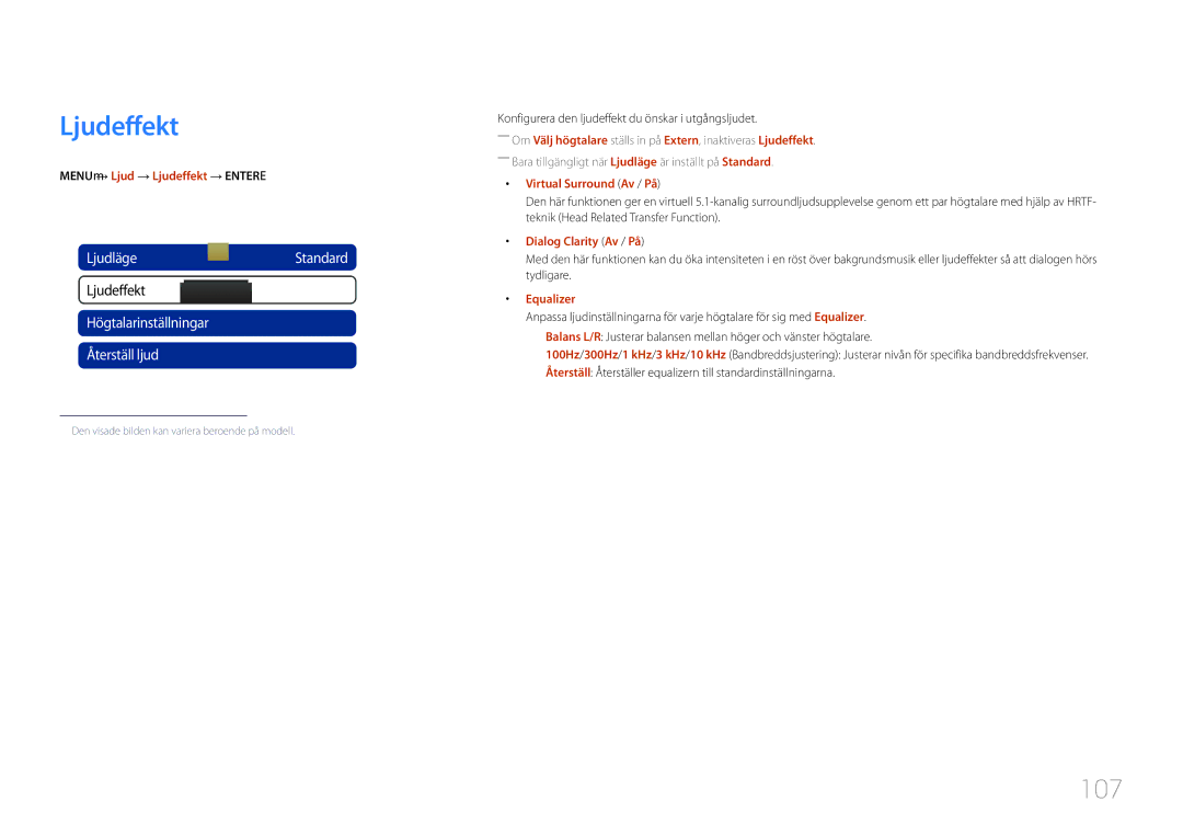 Samsung LH46MDCPLGC/EN, LH40MDCPLGC/EN manual Ljudeffekt, 107, LjudlägeStandard, Högtalarinställningar Återställ ljud 