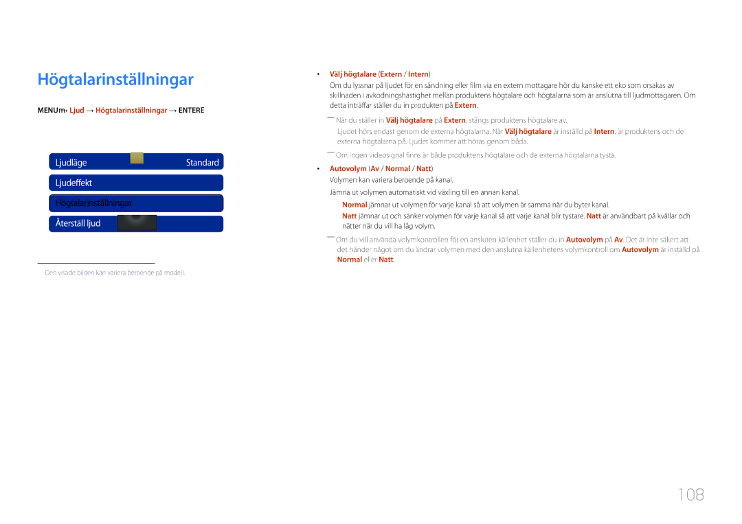 Samsung LH40MDCPLGC/EN, LH55MDCPLGC/EN, LH32MDCPLGC/EN manual Högtalarinställningar, 108, LjudlägeStandard Ljudeffekt 