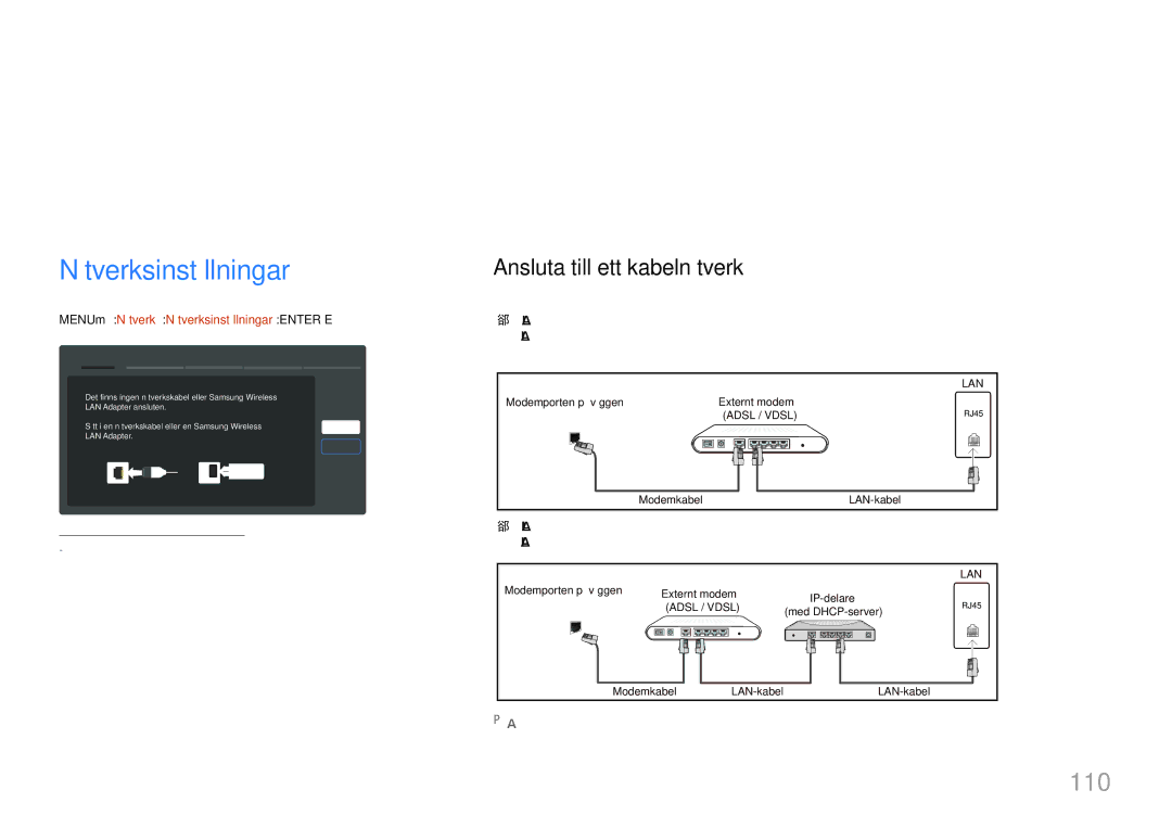 Samsung LH32MDCPLGC/EN, LH40MDCPLGC/EN, LH55MDCPLGC/EN manual Nätverksinställningar, 110, Ansluta till ett kabelnätverk 